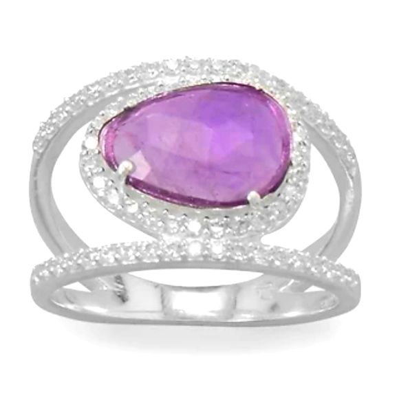 AMETHYST CZ RHODIUM PLATED SPLIT BAND RING - Picture 1 of 2